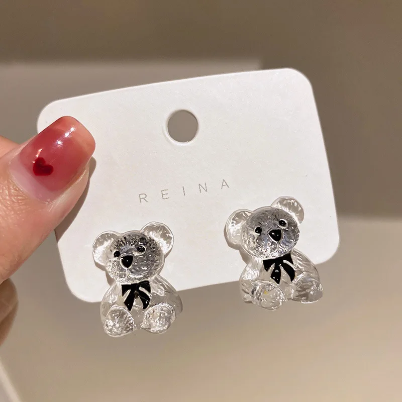 Korea Fashion Cute Teenage Girl Heart Transparency Little Bear Earrings Unique Design Simple Jewelry Party Birthday Gift