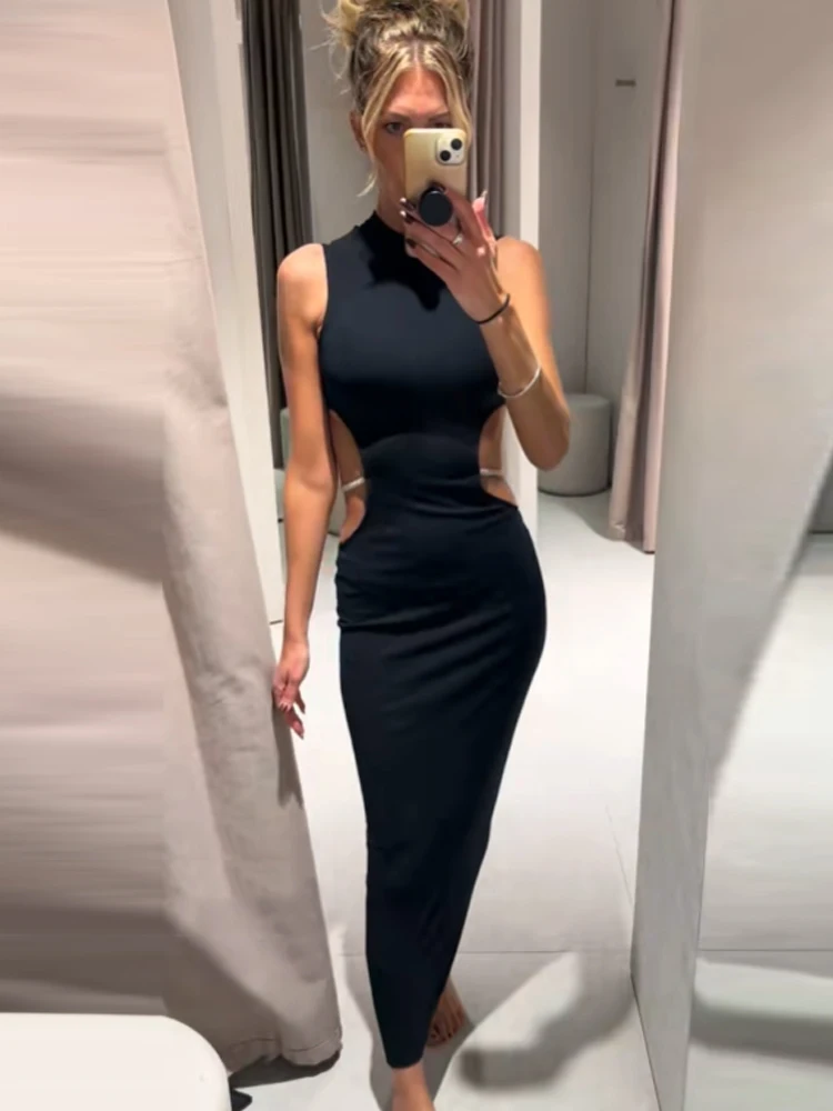 Hxao vestidos longos recortados para mulheres, sem mangas, preto, vestidos de festa, bodycon, sexy, vestido de noite, strass, vestidos femininos elegantes