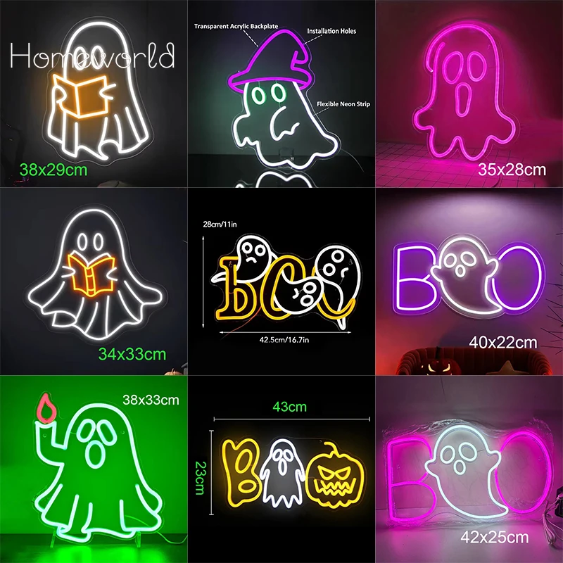 Halloween Ghost Neon Sign Custom LED BOO Neon Lights with Dimmer USB Powered Decor Game Room Wall Bar Party Gifts Bedroom