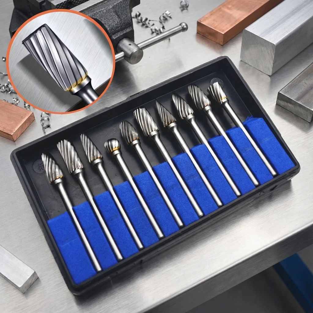 10pcs Carbide Burr Set, Hard Alloy Tungsten Steel Double Cut Rotary File Milling Cutter Head, Woodworking Grinding Carvin view 2