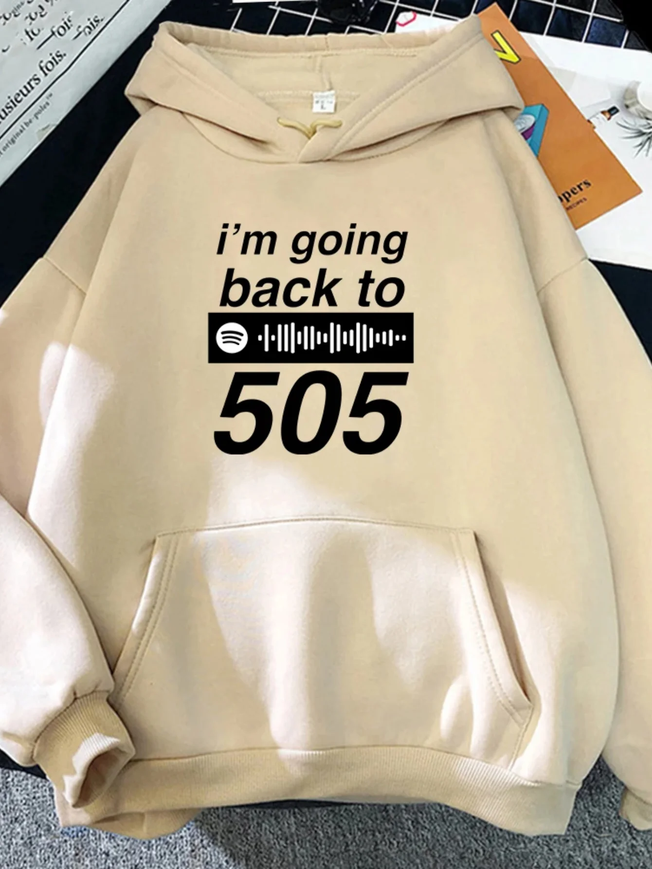 

Fashion pattern printed drawstring sweatshirt beige women's casual hip-hop top autumn/winter Harajuku hoodie bold pattern print