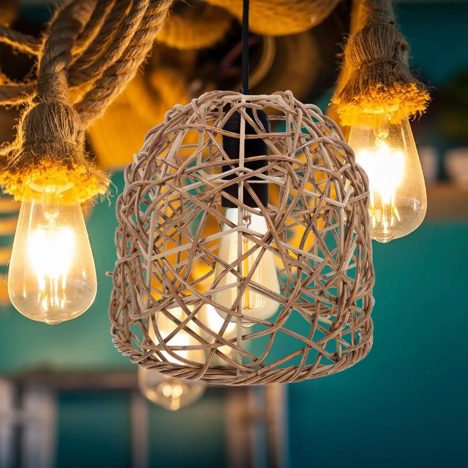 

Wicker Lamp Shades Hanging Light Covers Boho Plastic Rattan Pendant Ch Basket Lampshade Home Lighting Accessories