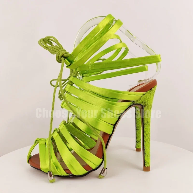 

Green Silk Hollow Design Open Toe Sandals Lace Up Women Shoes Thin High Heels Novel Party Feast Dating 2026 Zapatos Para Mujere