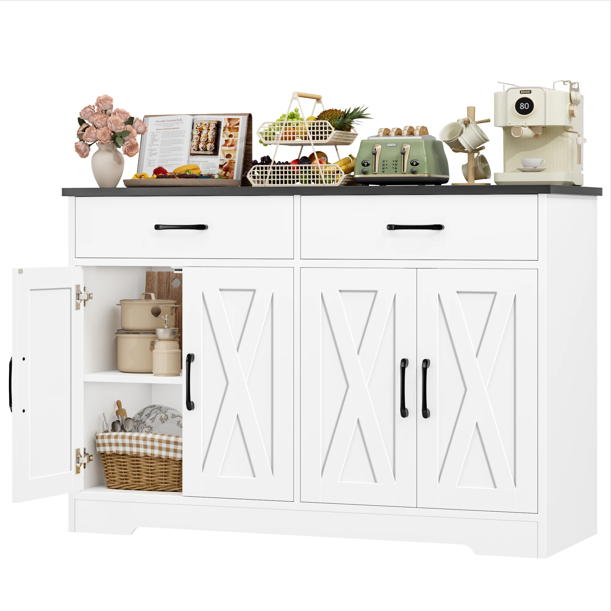 Imagen 4: Aparador, armario de cocina de 120 cm de ancho con paneles, armario de almacenamiento tipo buffet para cocina con 2 cajones y 4 puertas