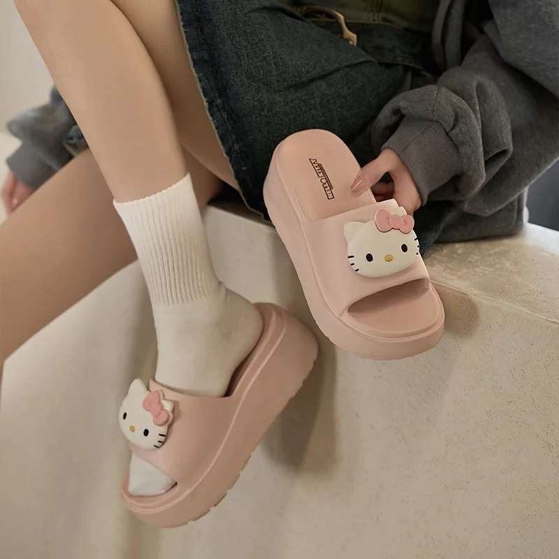 Hello Kitty & Kuromi Summer Sandals New Style Outdoor High Rise Thick Bottom Non Stinky Foot Beach Shoes Home Non Slip Slippers