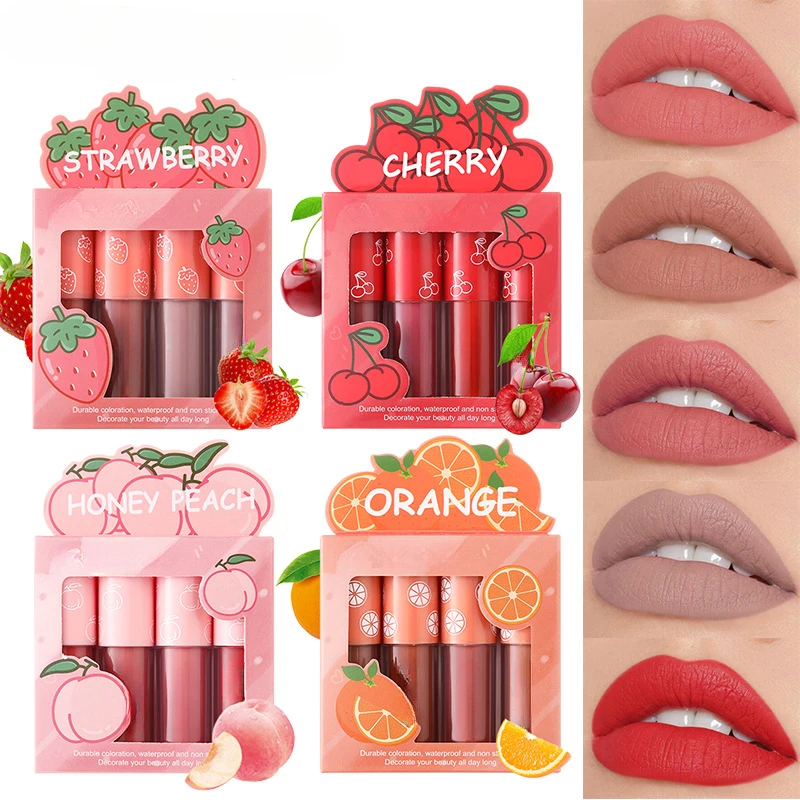 Mini conjunto de esmalte labial fosco para mulheres, sem desbotamento, fruta antiaderente, batons líquidos, batom fosco, brilho labial, cosmético, 4 peças