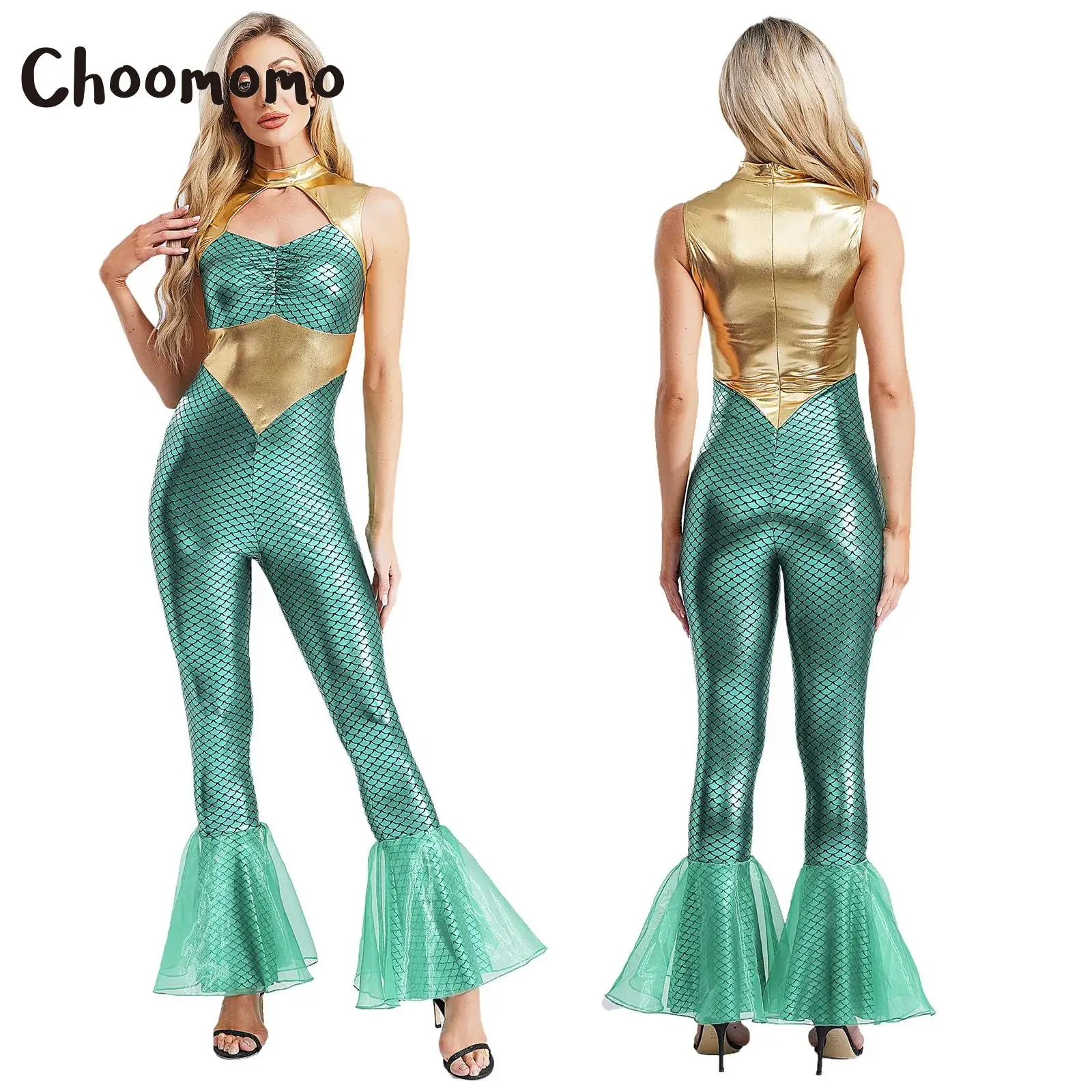 

Womens Mermaid Costume Halloween Cosplay Party Jumpsuit Mock Neck Cutout Front with Metallic Fish Scales Flared Hem Dress Up