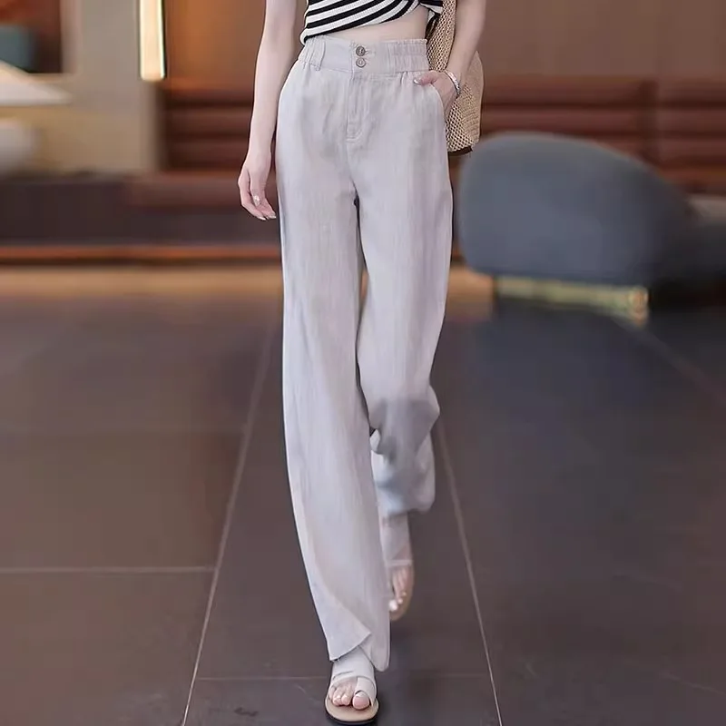 الصيف بارد الكتان السراويل المستقيمة عالية الخصر ضئيلة واسعة الساق السراويل النساء بسيطة بلون تنوعا السراويل الطويلة