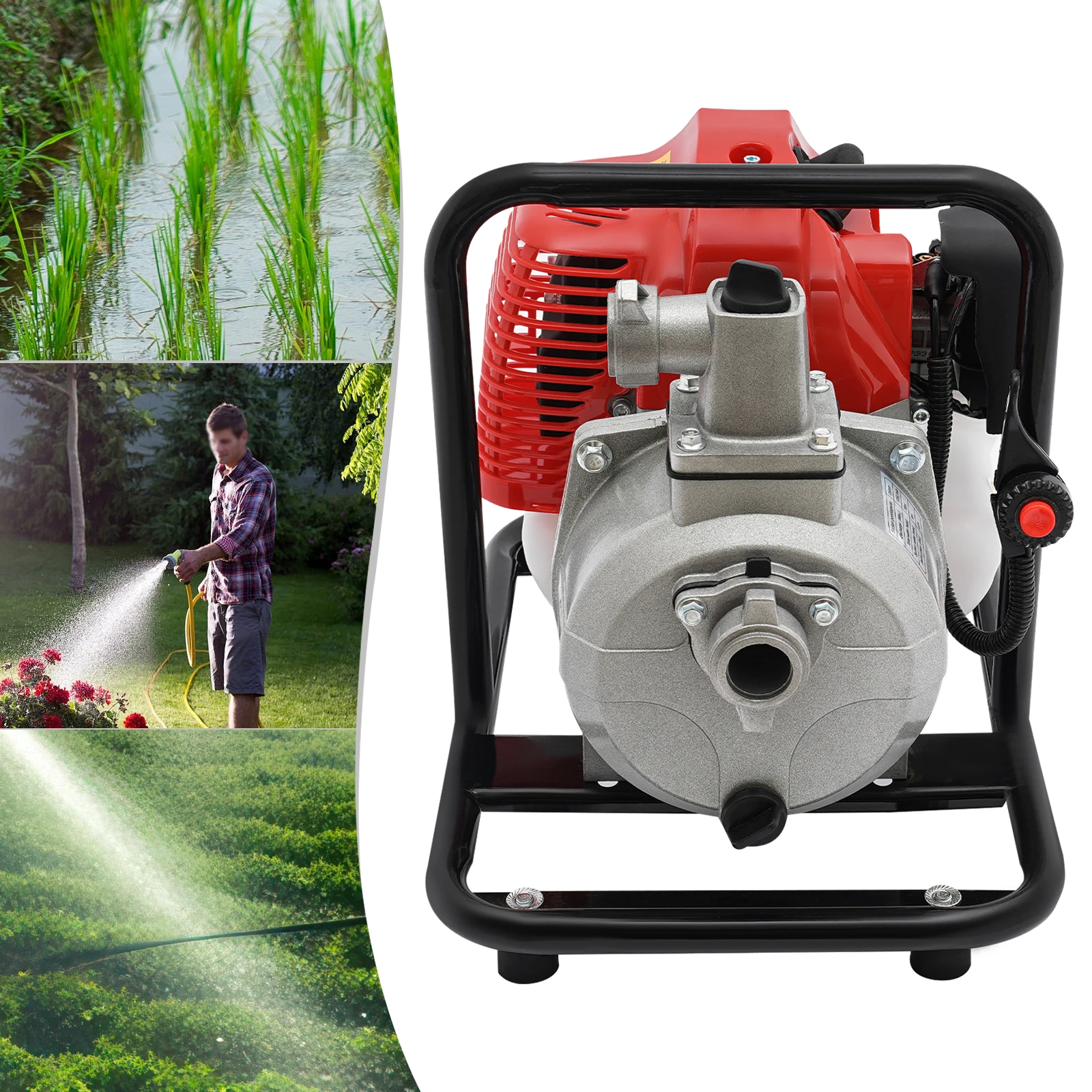 

2-Stroke Gas Water Pump, 1.7HP 1.25KW, 35.66gal/min Flow, 98.43ft Lift for Irrigation & Drainage