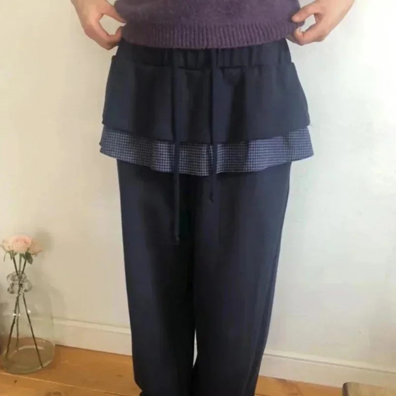 Dongdaemun Y2K Lattice Layered Pants Korean Women summer Autumn Cute Leaf Splicing Skirt Pants Elastic Waist Casual Pants New