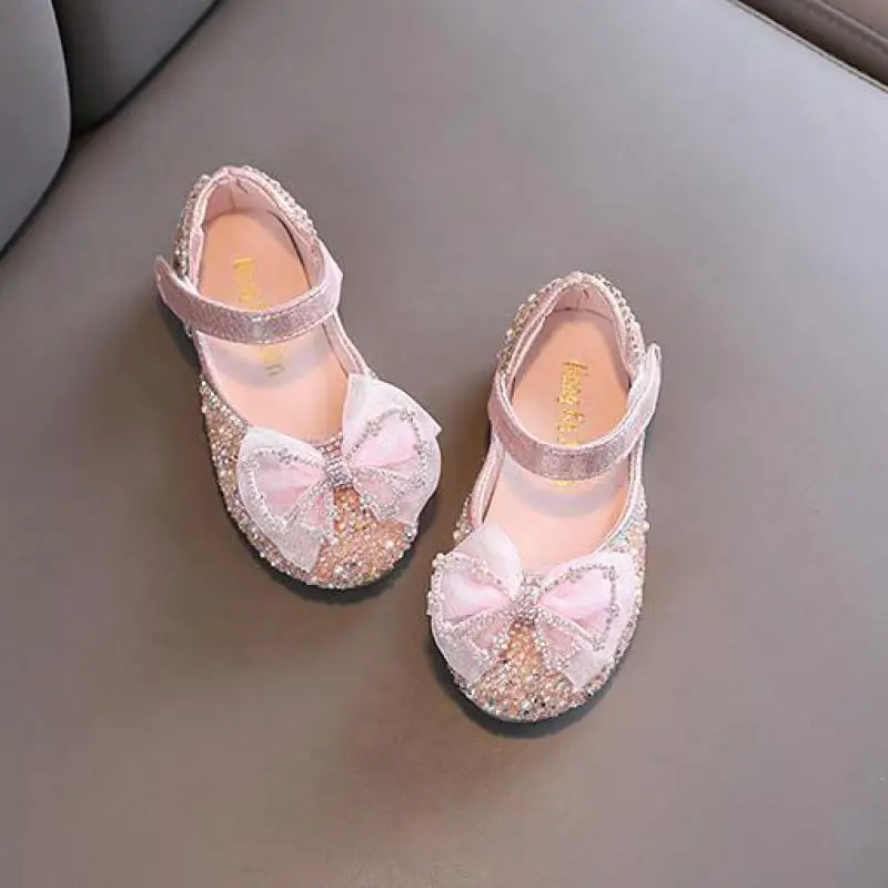 Girls Rhinestone Leather Shoes 2024 New Kids Sequin Bowknot Wedding Dress Shoes Children Princess Fashion Dance Flat Heels Shoes