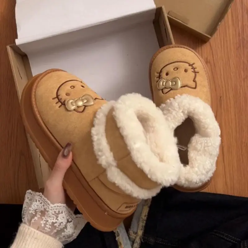 Bonito sanrio olá kitty botas de neve anime dos desenhos animados menina inverno engrossar sapatos de algodão quente ao ar livre fundo grosso anti deslizamento sapatos presente