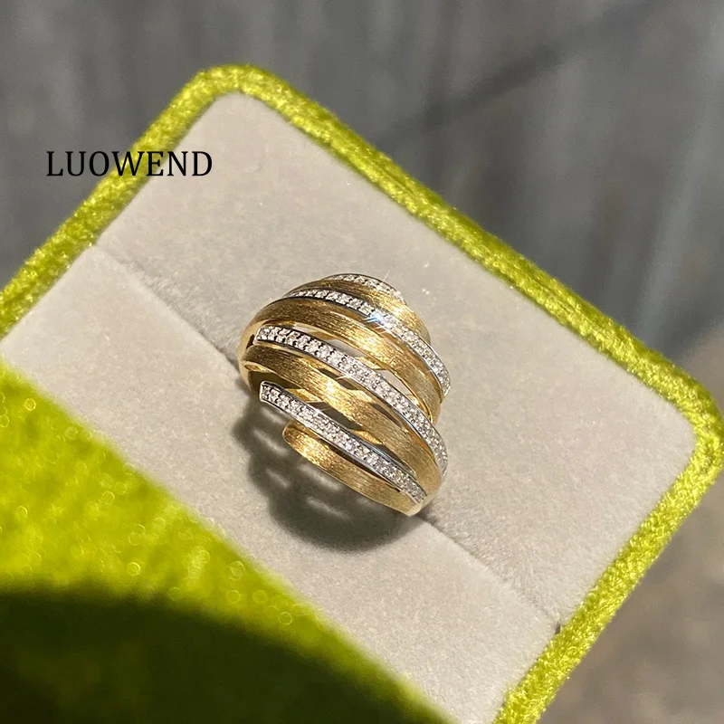 LUOWEND 100% 18K Yellow Gold Rings Fashion Elegant Style Real Natural Diamond Ring for Women Wedding Party High Jewelry