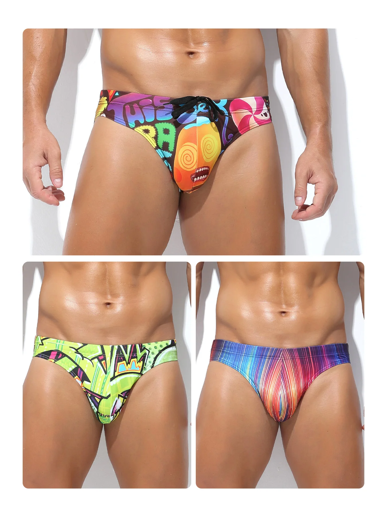 Herren Badeanzug Badehose Bikini Sexy Bademode Leopard Elastische Unterwäsche Low Rise Beachwear Pool Party Sonnenbaden 3PCS
