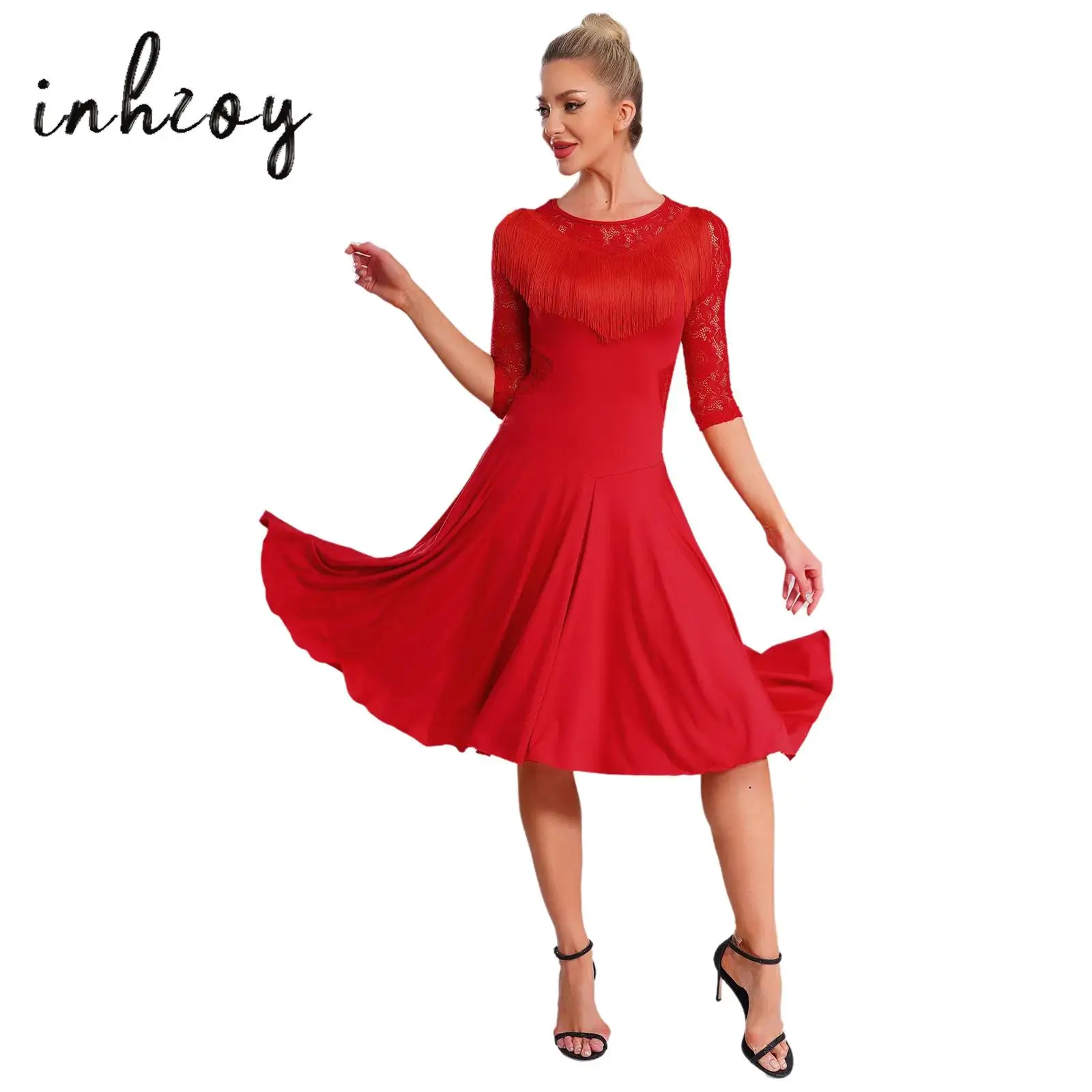 2 Stuks Womens Latin Dans Jurk Sheer Bloemen Kant Flowy Kwastje 3/4 Mouw Swing Jurk + Veiligheid Shorts voor Samba Rumba Tango Dans