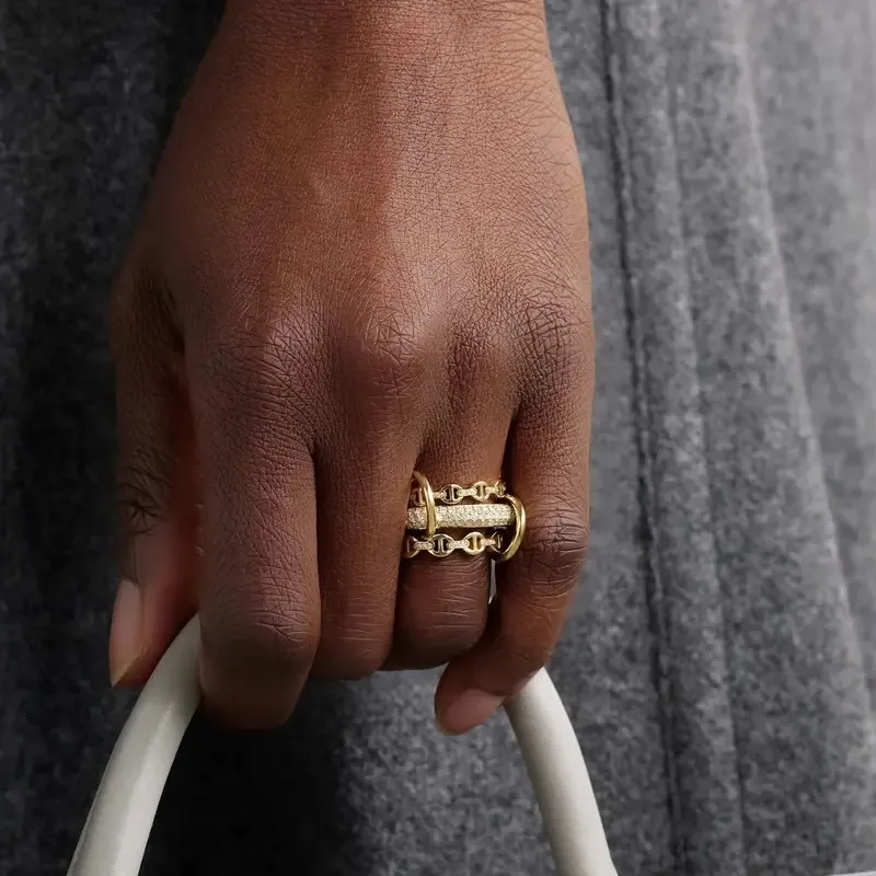 YISON New Gold Multilayer Stacking Ring for Women Paved Bling Geometric Finger Rings Fashion Luxury Wedding Party Jewelry Gifts