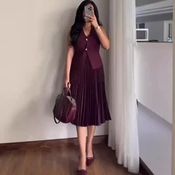 Women Knitted Skirt Set Wine Red V-Neck Sleeveless Sllim Vest +Solid High Waist Pleated Skirt Lady Street Outfit