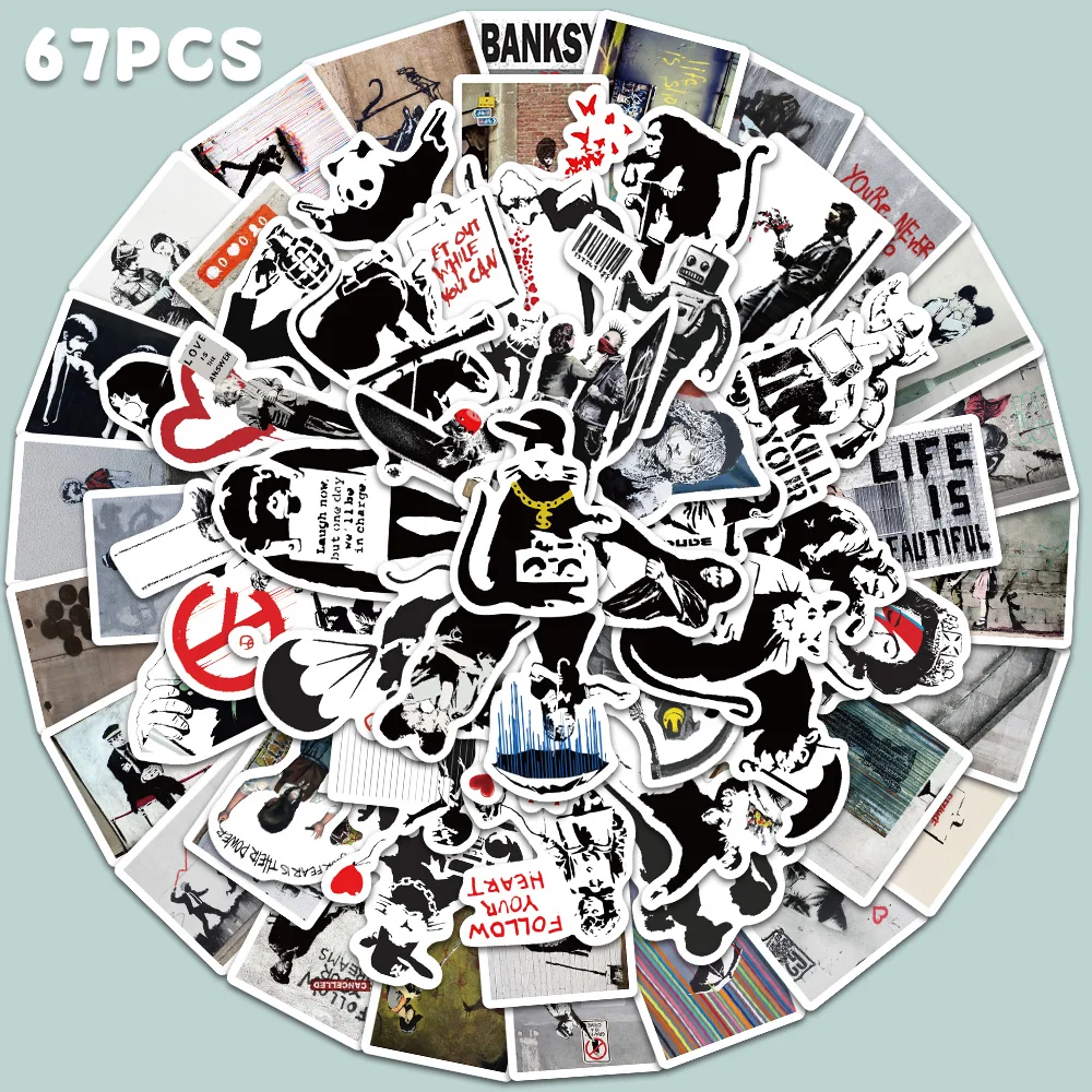 

67pcs Banksy Black Humor Sticker Disruptive Style Retro Graffiti Decal For Phone Luggage Skateboard Guitar Decorative Sticker
