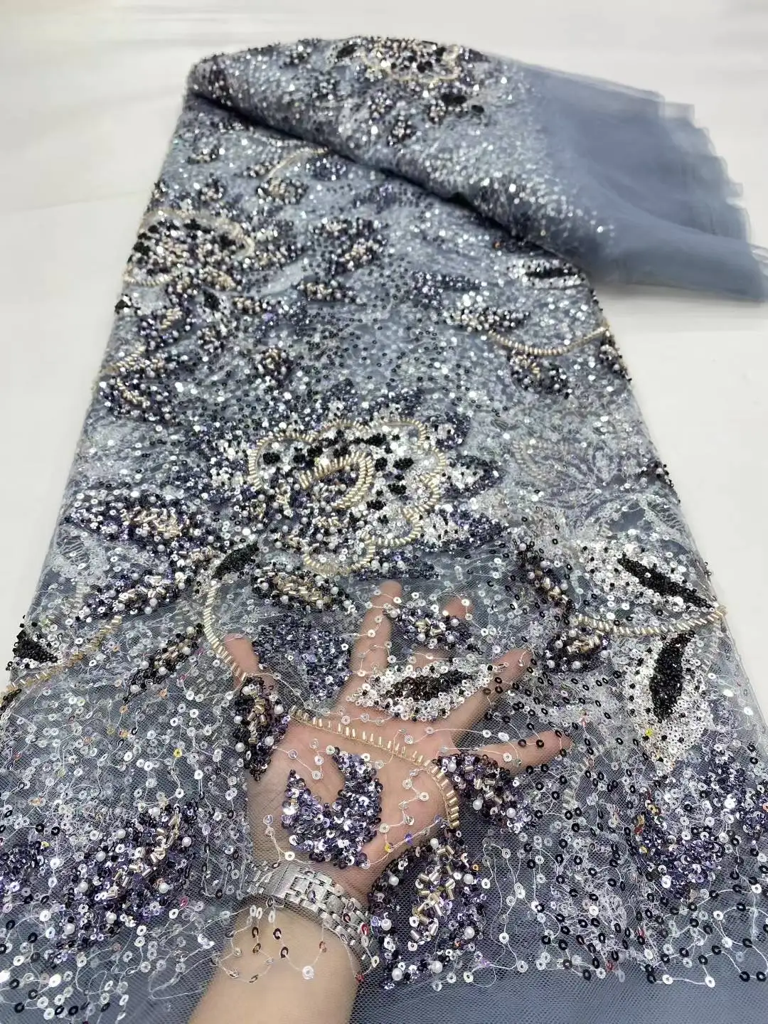 

New Design Luxury French African Handmade Beads Tulle lace Latest Embroidery Sequins Mesh Lace Nigeria Fabric For Wedding Dress