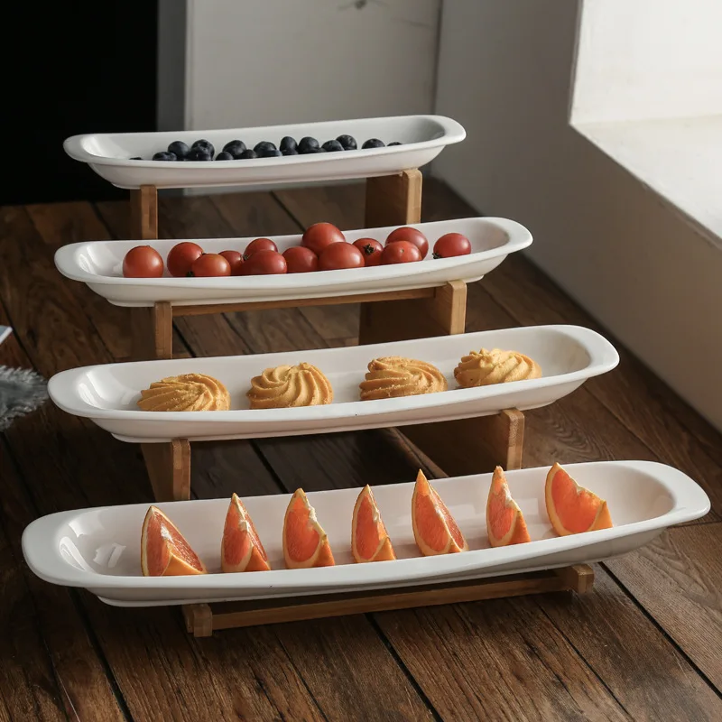 

Ceramic Tiers Plate Cake Boat Shaped Porcelain Dessert Tray Sushi Bamboo Rack Restaurant Dinnerware Chiffon Dish Opera Party