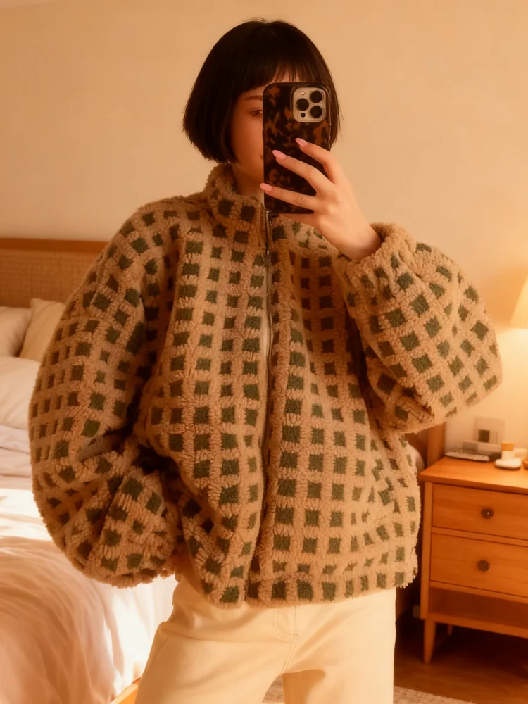 Fashion Plush Plaid Women's Jackets Coat Stand Collar Zipper Thicken Full Sleeve Coats Female Autumn Winter Lady Streetwears