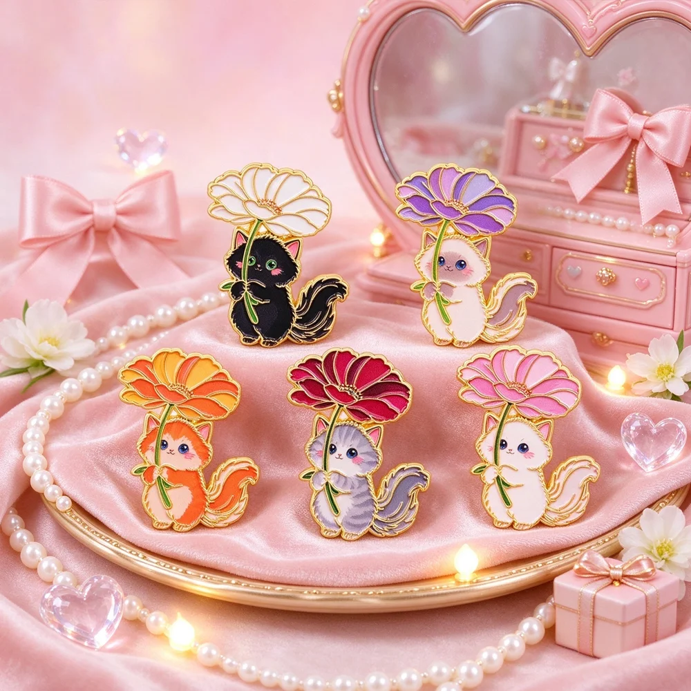 Cute Cat Holding Flower Enamel Brooch Cartoon Kitten Floral Lapel Pin Gold Edge Badge Backpack Clothes Decor Jewelry Gift