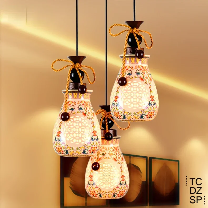 

Modern New Chinese Style Pendant Lamp Ceramic Restaurant Chandelier Bar Lamp Duplex Stair Chandelier