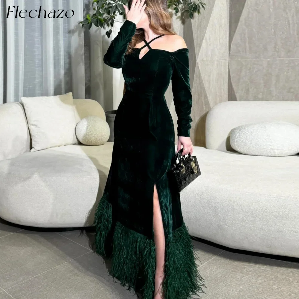 Flechazo Green Velour Evening Dresses Halter Neck Off Shoulder Slit Feathers Party Dress For Women 2024 vestidos para mujer