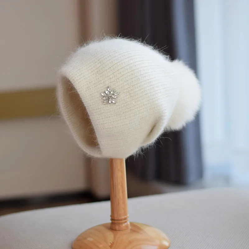 2023 neue Luxus Strass Beanie Hüte Frauen Winter Mode Warme Echt Kaninchen Fell Stricken Hüte Erwachsene Ohr Schutz Abdeckung Kopf kappe – Detail 29