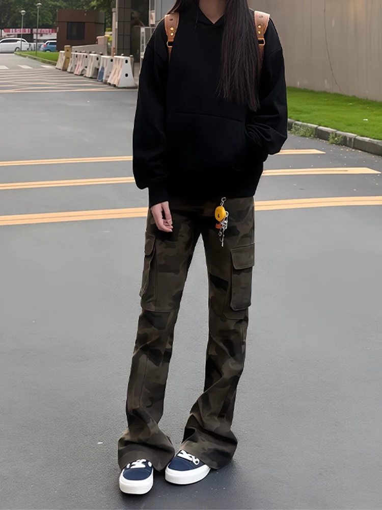 

Американские камуфляжные джинсы High Street, мужские облегающие джинсы с высокой талией, узкая версия, микро-клеш, рабочая одежда, брюки, прямая трубка