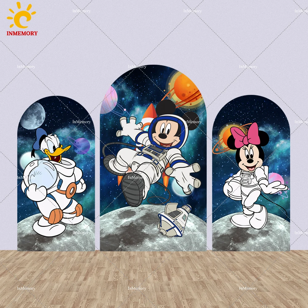 Outer Space Theme Astronaut Mickey Arch Backdrop Cover For Kids Boy Birthday Party Planet Minnie Chiara Arched Wall Background