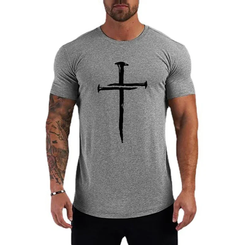 

Print Rounded Hem Tee Tops Personalized Cross Gym Fitness Bodybuilding Sport T-shirt Cotton Breathable Short Sleeve Men's T