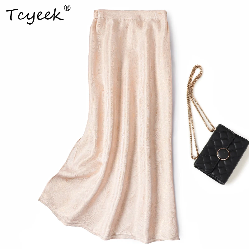 

Tcyeek 100% Mulberry Silk Summer Thin High End High Waisted Slit A-line Loose Mid Length Women's Skirt Faldas Para Mujeres スカート