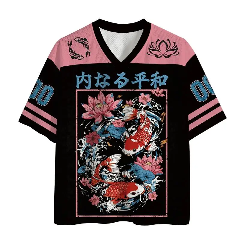 2026 Summer Neutral 3D Printed Japanese-style Koi Carp Cherry Blossom and Wind Illustration V-Neck T-Shirt