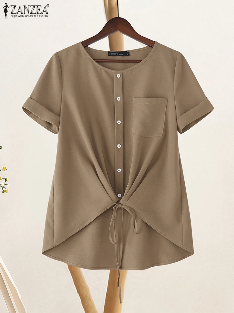 

2025 ZANZEA Summer Fashion Shirt Women Short Sleeve Solid Work Blouse Casual O Neck Loose Tops Female Button Up Blusas Oversize