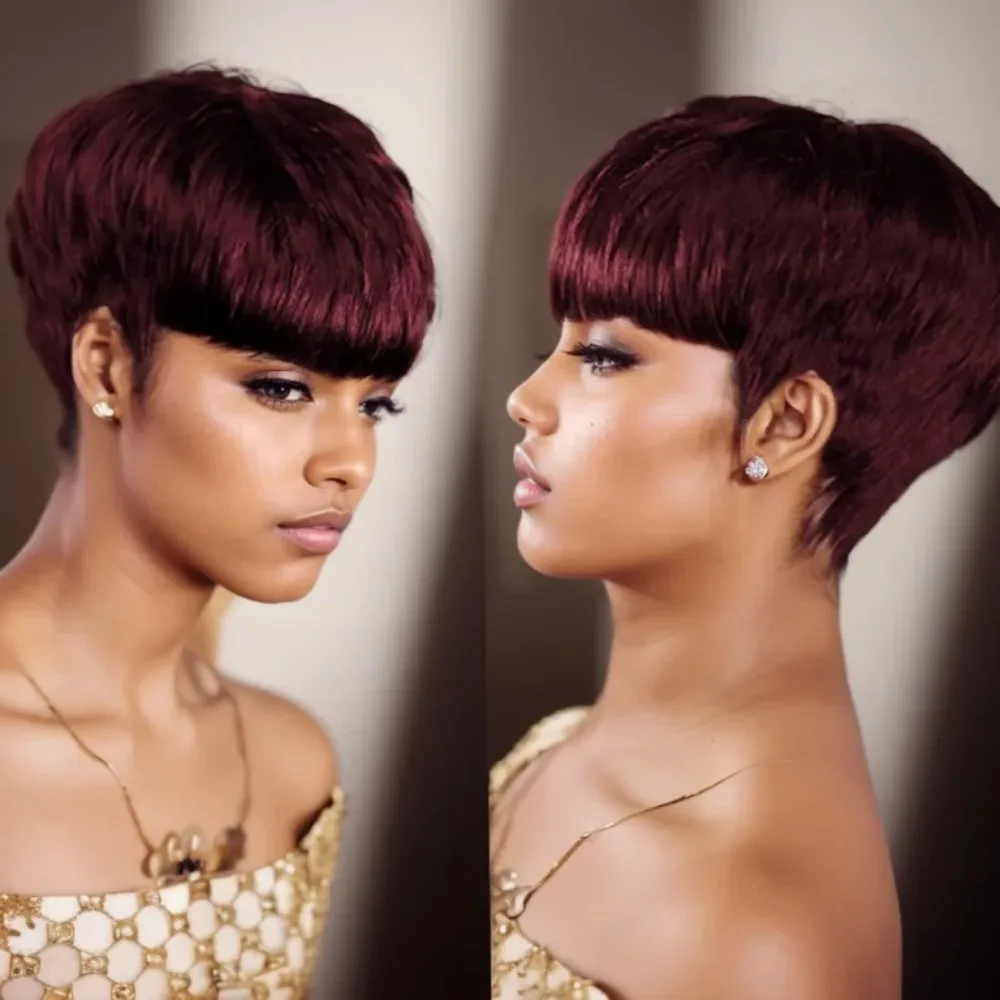 여성용 짧은 가발 부드러운 인모 레이어드 가발 앞머리 포함 풀 머신 메이드 가발