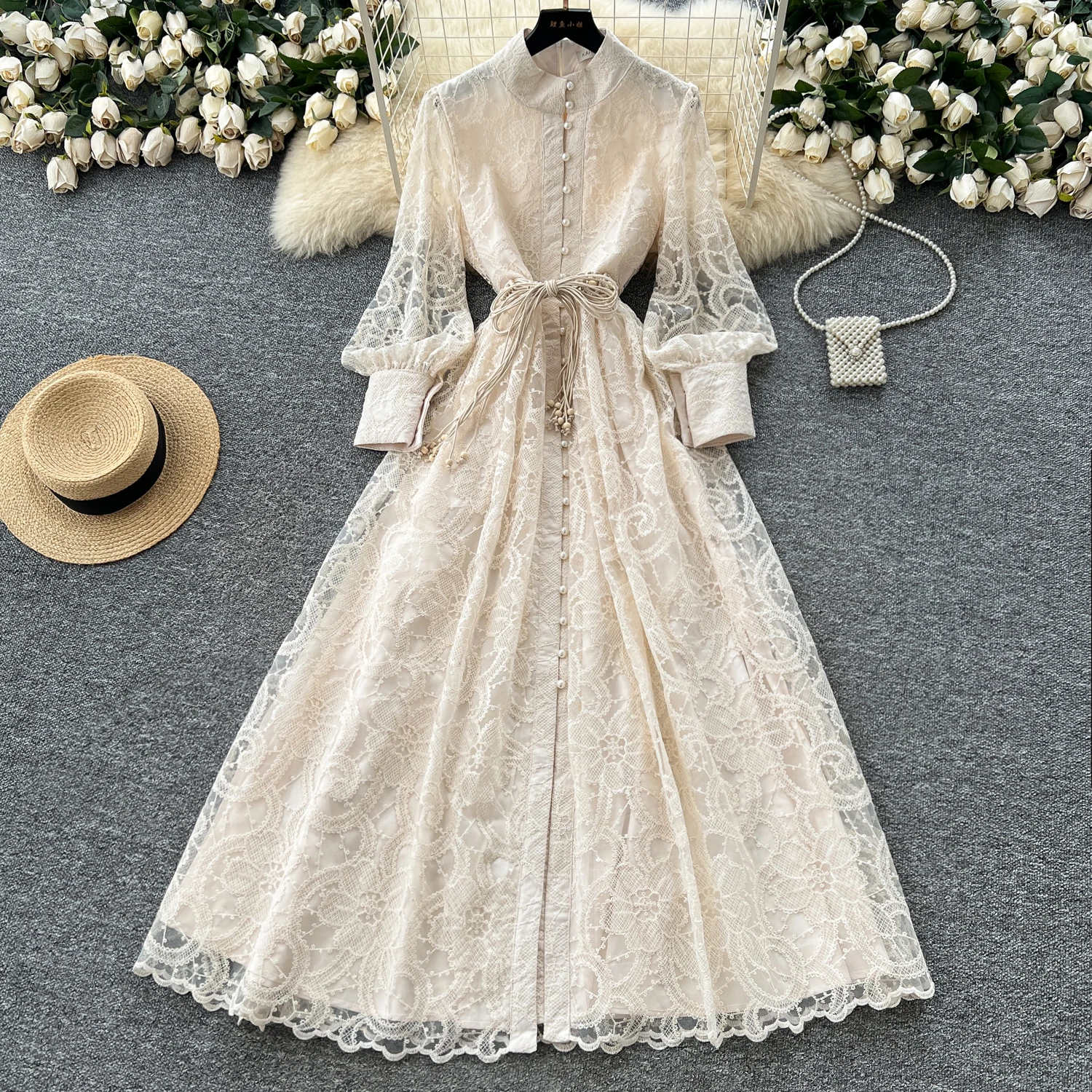 

Lace Embroidered Formal Evening Luxury Dress Women Summer Autumn Lantern Sleeve Single-Breasted Pearl Party Long Dresses 2025
