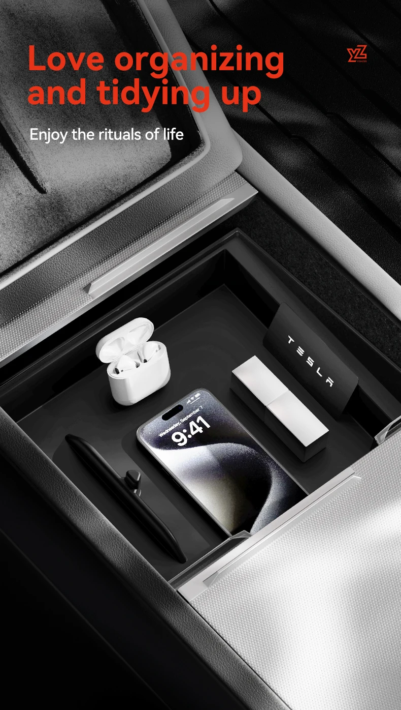 YZ Für Tesla Model 3 Y YL Highland Juniper 2025 2026 Mittelkonsolen-Organizer Doppelschichtiger Versteckter Aufbewahrungsbox TPE Silikonmatte – Detail 4