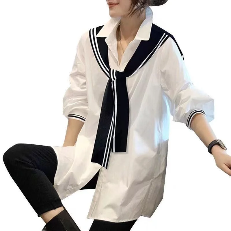 Mujer suelta larga Sve irt falso diseño de dos piezas coreano Sle adelgazante capa base superior Fasionable Commute Ne Butt...