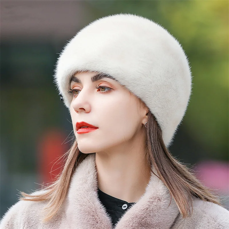 New Russian Women\'s Fur Ski Cap Winter Warm Mink Cap Luxury Hat Female Ear Cap Fishermen Warm Ear Cap Flower Basin Cap