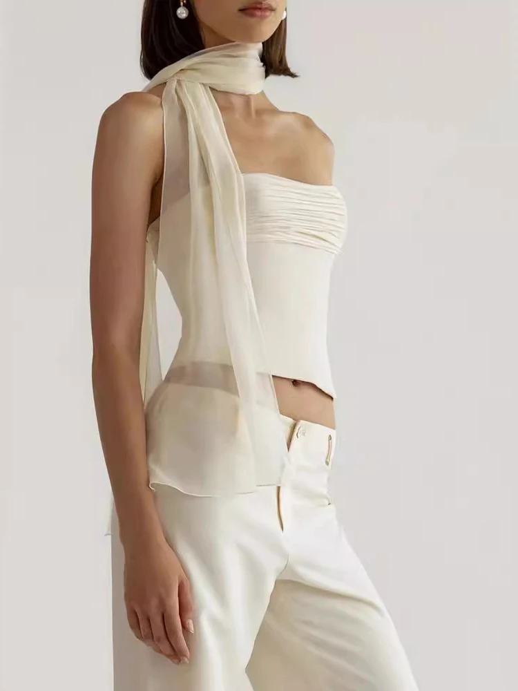 Sexy Sleeveless One Neck Niche Pure Desire Style Satin Texture Strapless Ribbon Solid Color Short Top Casual and Comfortable