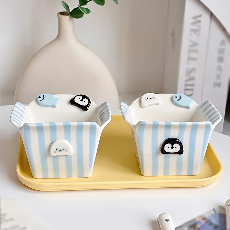 1 Stück Pinguin-gestreifte Keramikschale, Schale für Fischchips und Brathähnchen, exquisite und stilvolle Keramik-Snackschale, geeignet als dekoratives Tischgeschirr für Zuhause, Dessertschale für Partys, Aufbewahrungsschale für Gabeln und Löffel, Geschenk, Feiertagsdekoration. – Detail 6