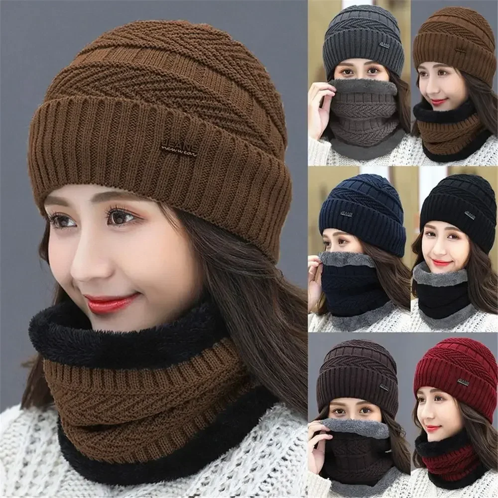 

Men Women Winter Beanie Hat Scarf Casual Thermal Fleece Knitted Hat Soft Warm Balaclava Wool Neck Warmer Scarf Cap