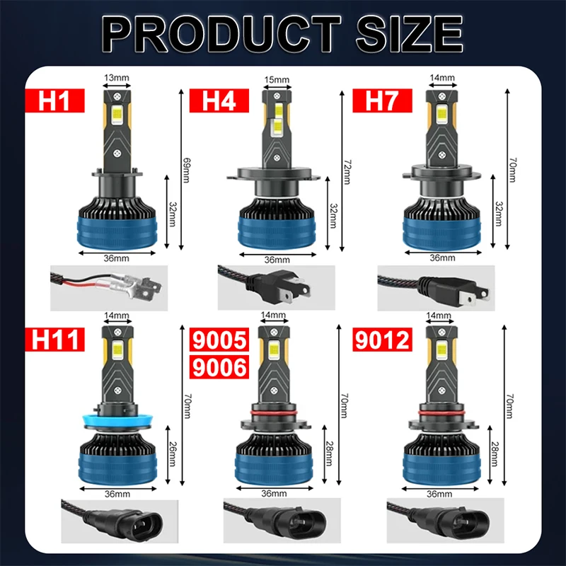 2PCS K5C H1 H7 H4 H8 H9 H11 9005 9006 HB3 HB4 9012 Lampadine CANBUS 6000K Lampada a Led 8054 CSP Faro per auto Fendinebbia ad alta potenza 12V