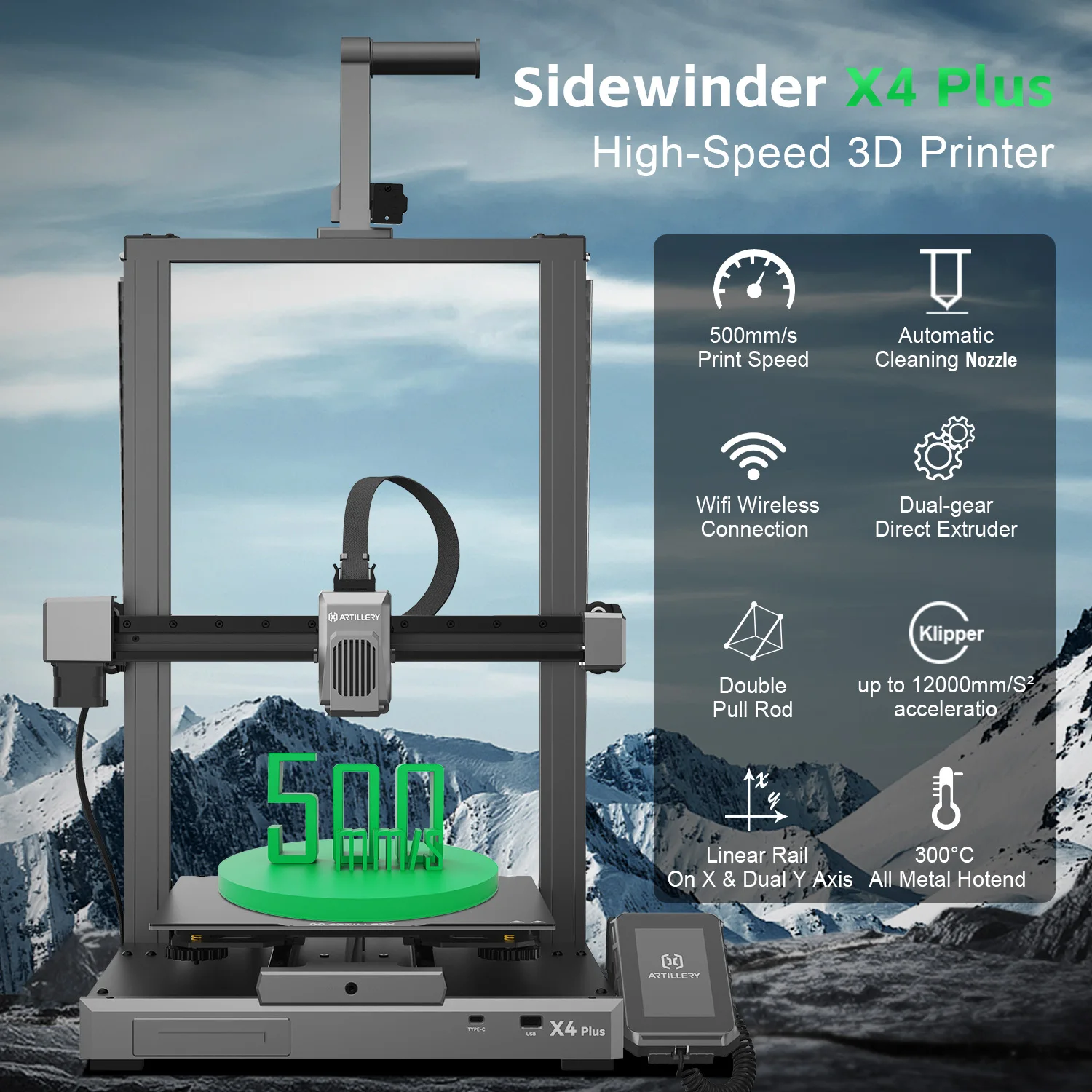 Artillery Sidewinder X4 Plus 500mm/s High Speed FDM 3D Printer w 300x300x400mm Printing Area X Y-axis All Metal Direct Extruder