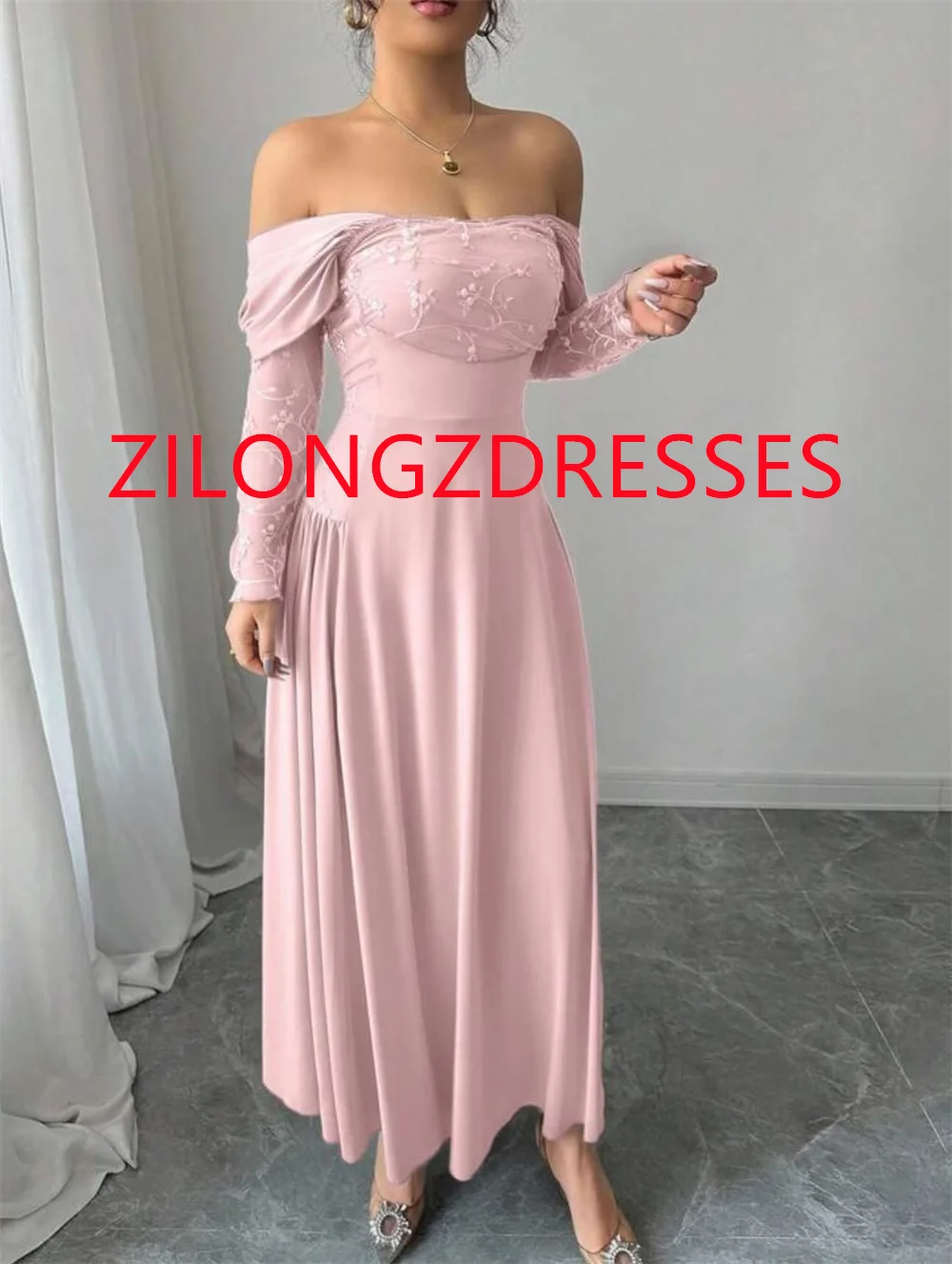 Customized Modern Pink Jersey Evening Dress Exquisite Strapless Off the Shoulder Long Sleeves Backless Open Back Celebrity Gowns