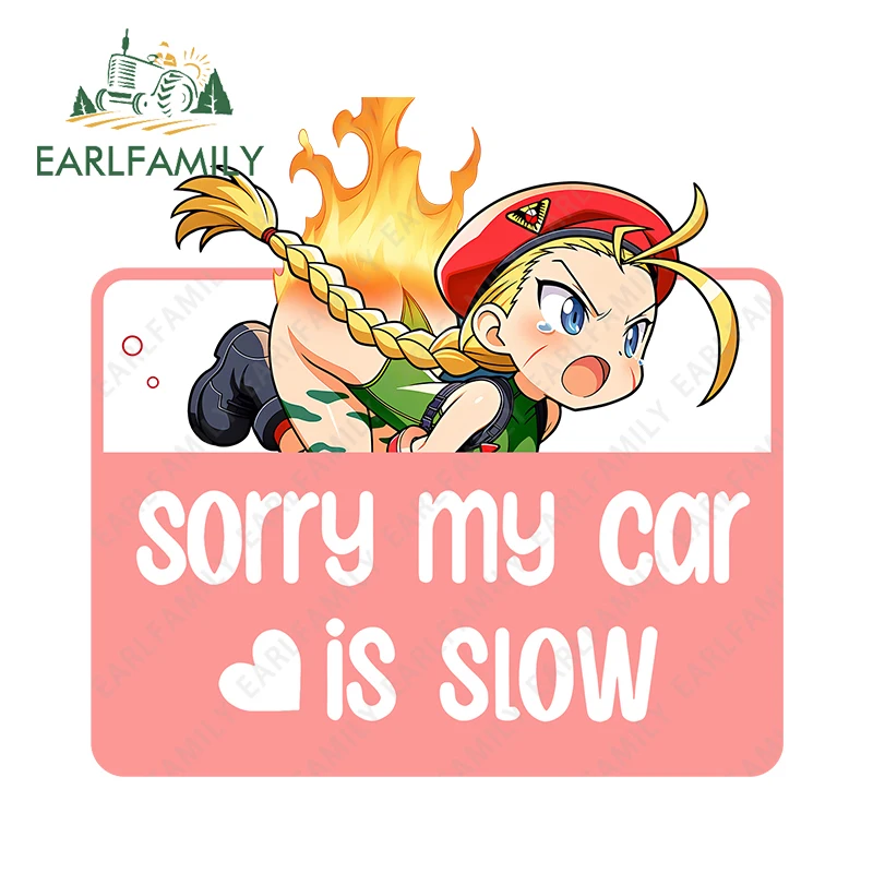 EARLFAMILY Cammy White Graffiti Butt Caught Fire Sticker Cute Warning Decal Vinyl Material Sorry My Car Is Slow Scratch-Proof