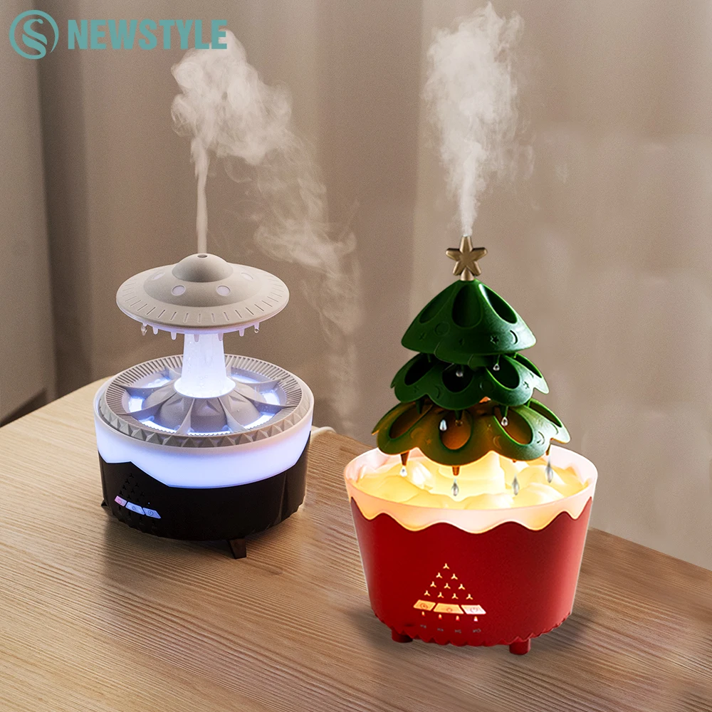 Christmas Tree Raindrops Air Humidifier UFO Umbrella Aroma Essential Oils Diffuser RGB Night Lights Home Office Aroma Diffuser