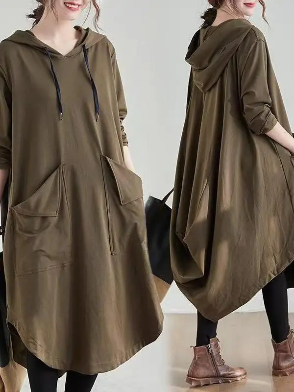 

Loose Fit Hooded Dress with Large Pockets in Color for plus Size Women Spring Autumn Casual Wear A-Line Skirt Dress