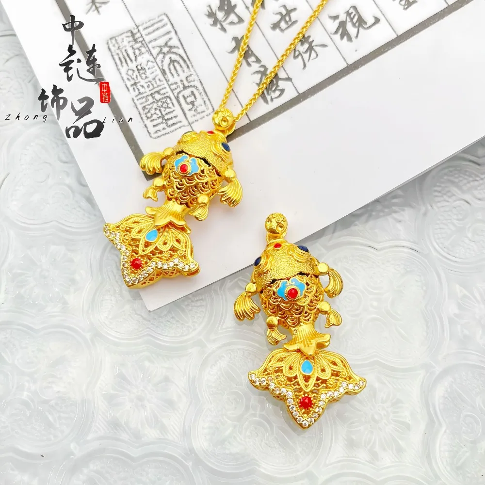 Enamel-colored flower wire gold-plated fish pendant with golden scales. New Chinese style diamond-encrusted gold carp. 9999gold